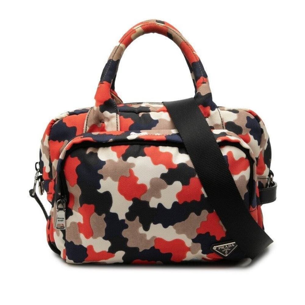 Prada Canvas Triangle Logo Plate Handbag Multicolor